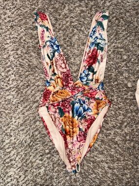 Agua Bendita Floral One-Piece Swimsuit - Cream with Multicolor Blooms small
